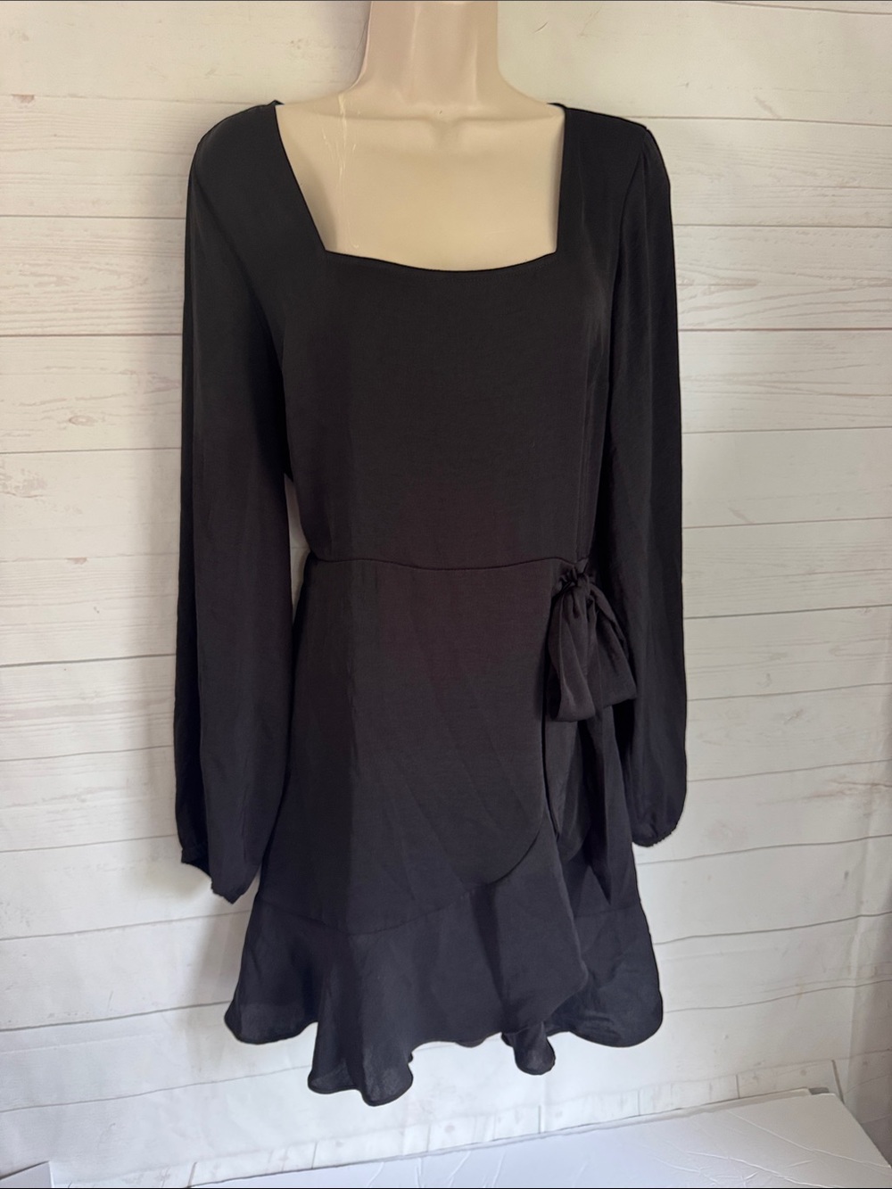 Express Black Sz M Square-Neck Faux Wrap L/S Ruffle Hem Dress whimsy-goth Witchy